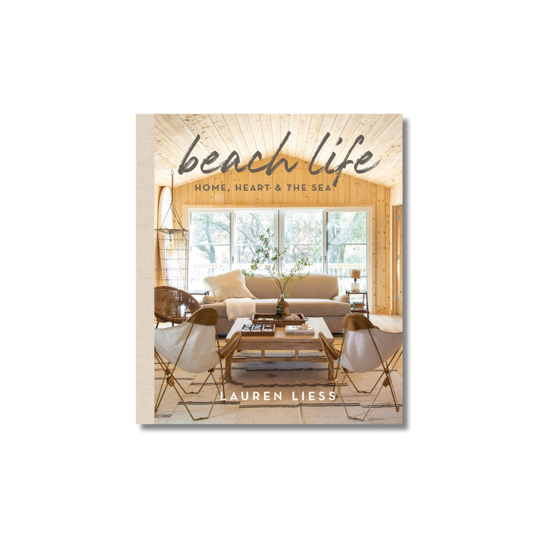 Book cover of 'Beach Life' by Lauren Liess featuring a coastal living room.