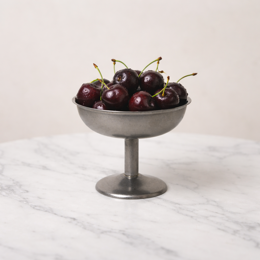Metallic bowl filled with cherries on a marble surface