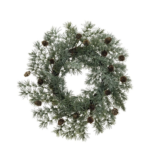 FAUX CEDAR WREATH WITH PINECONES