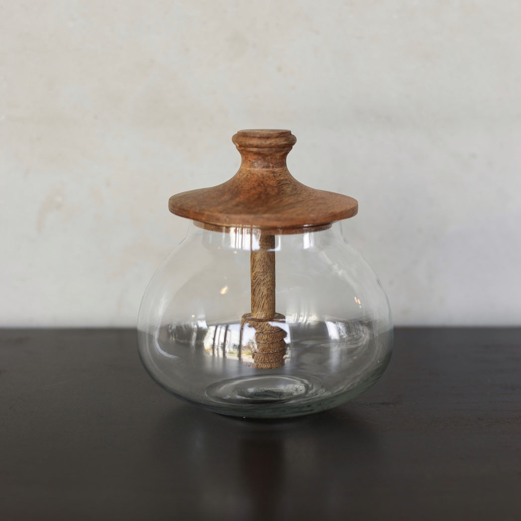 GLASS & WOOD HONEY JAR