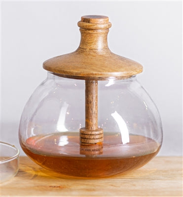 GLASS & WOOD HONEY JAR