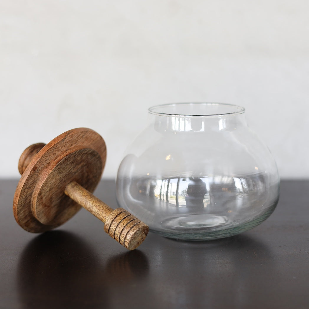 GLASS & WOOD HONEY JAR