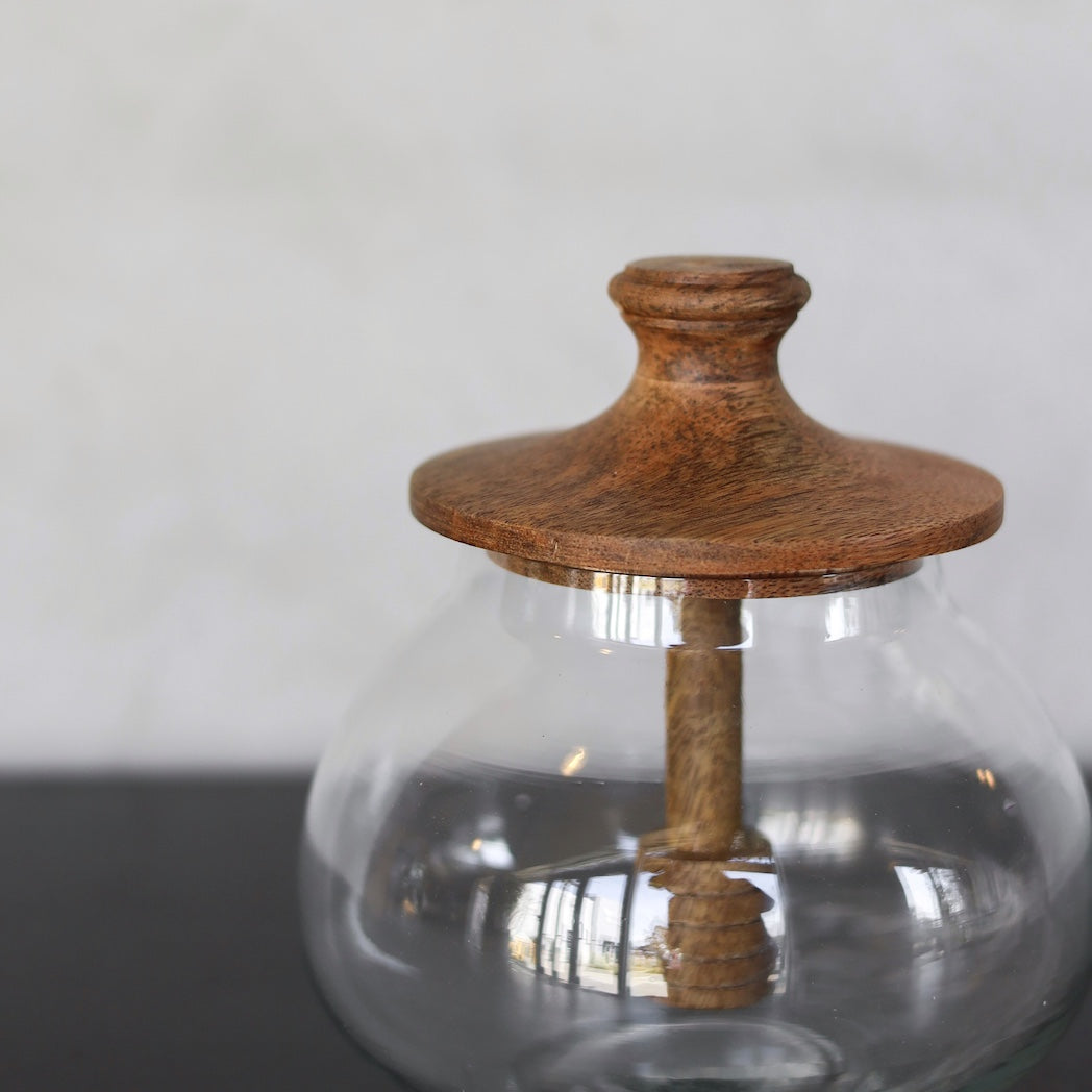 GLASS & WOOD HONEY JAR