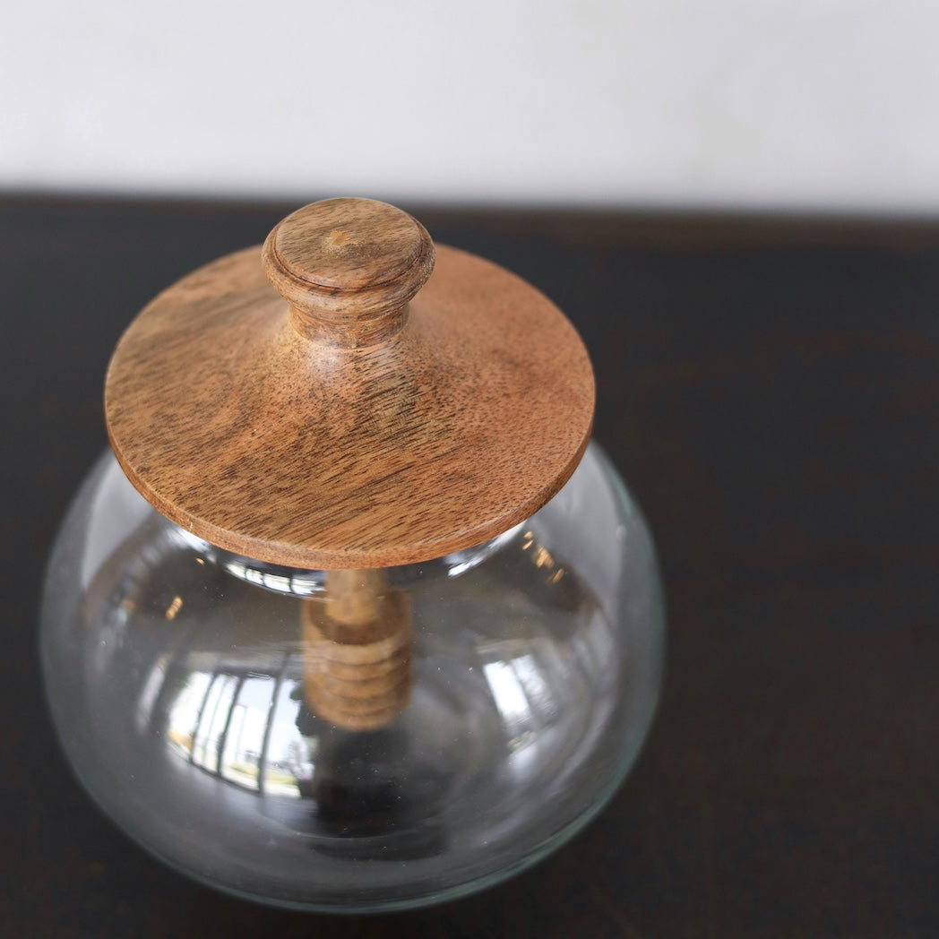 GLASS & WOOD HONEY JAR