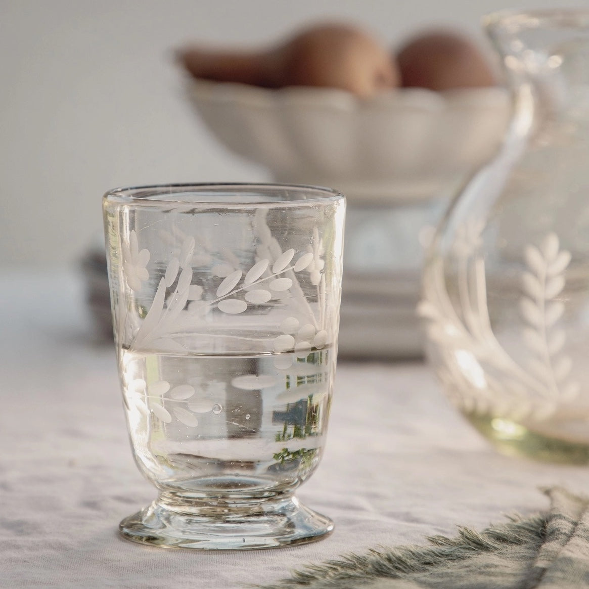 Hand-Etched Footed Drinking Glass