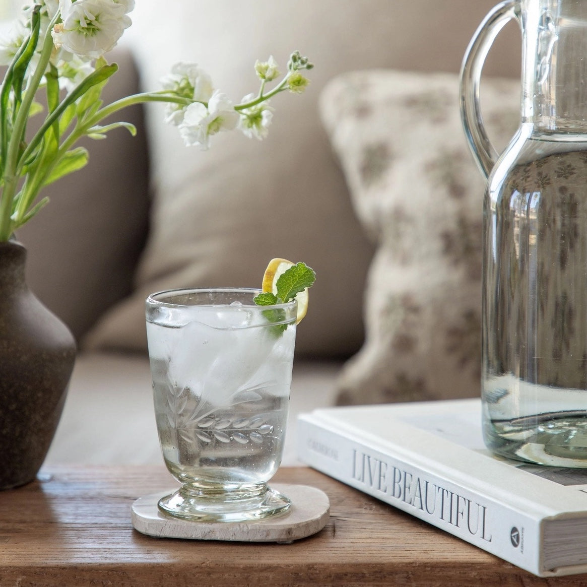 Hand-Etched Footed Drinking Glass