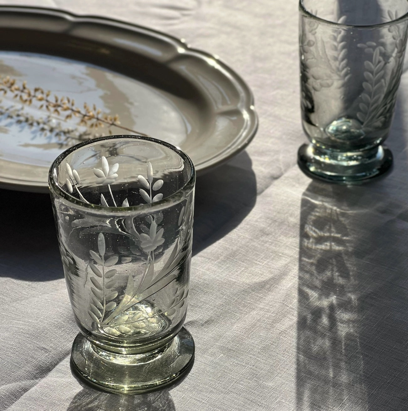 Hand-Etched Footed Drinking Glass