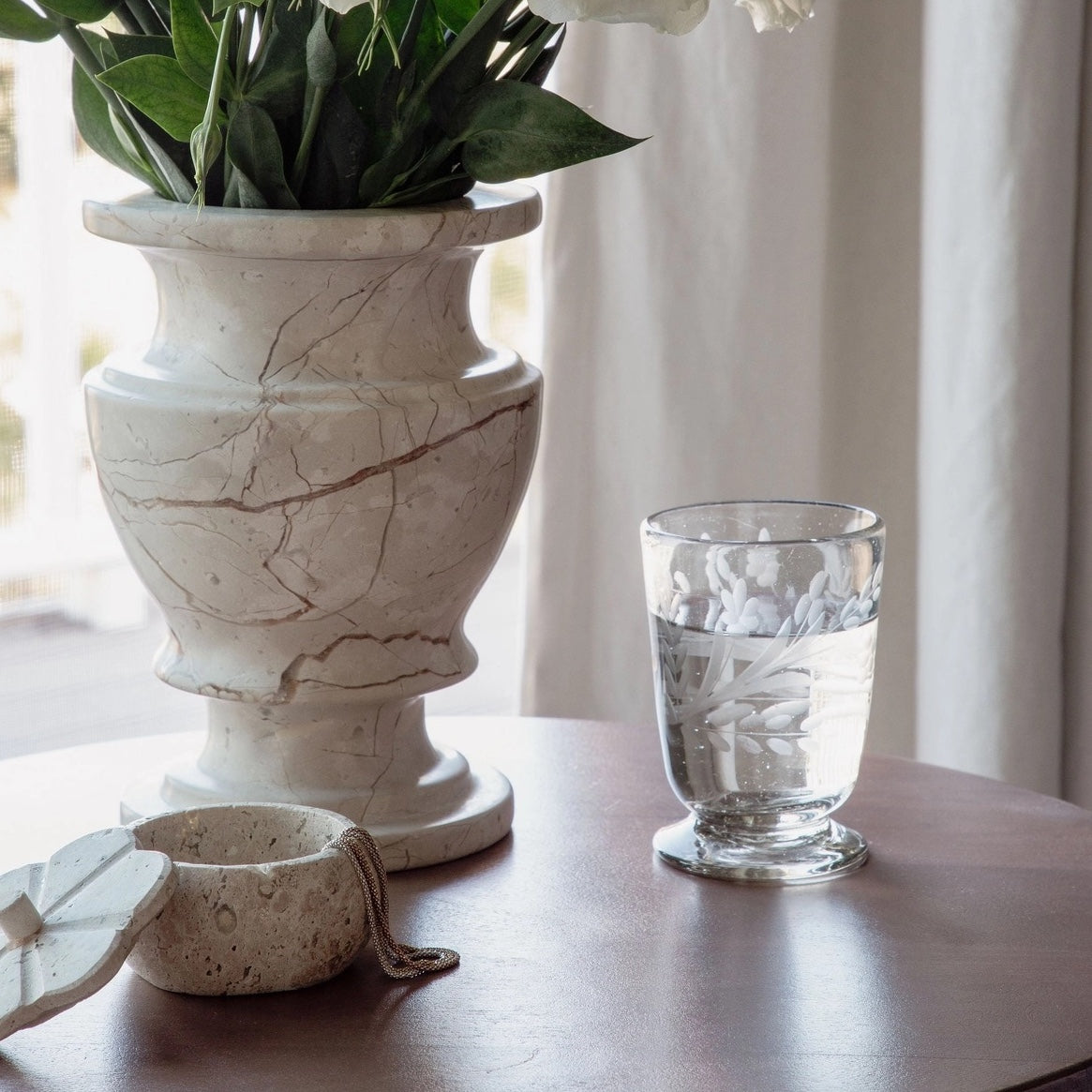 Hand-Etched Footed Drinking Glass