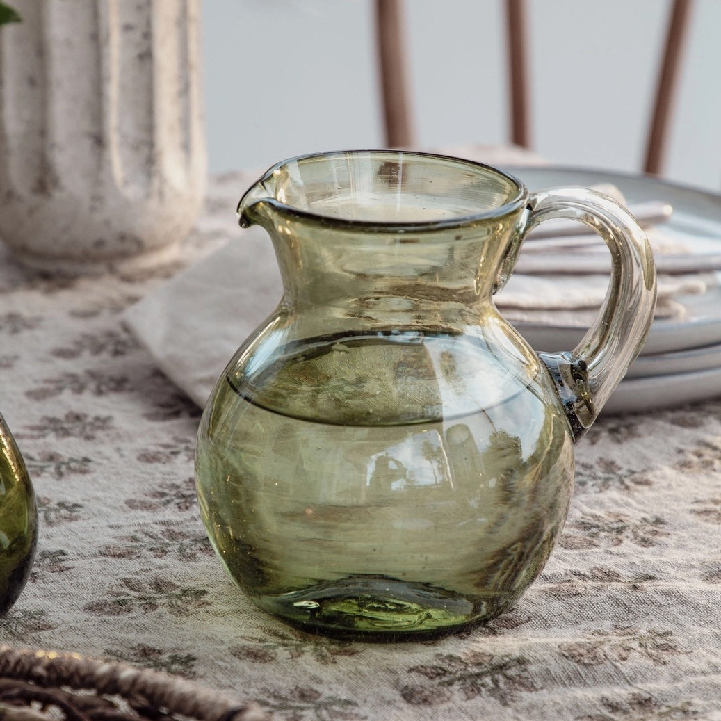 HANDBLOWN GLASS BOLA PITCHER | OLIVE