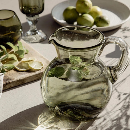 HANDBLOWN GLASS BOLA PITCHER | OLIVE