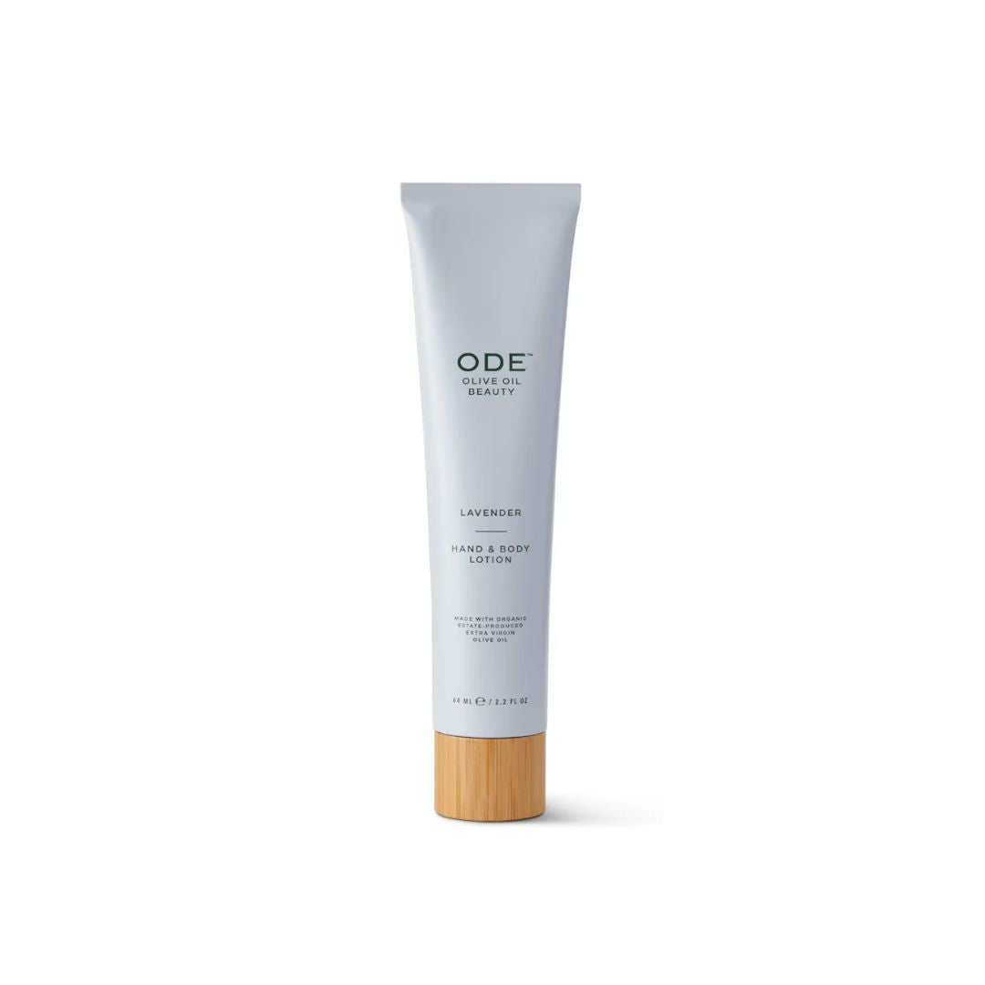Tube of ODE lavender hand and body lotion on a white background