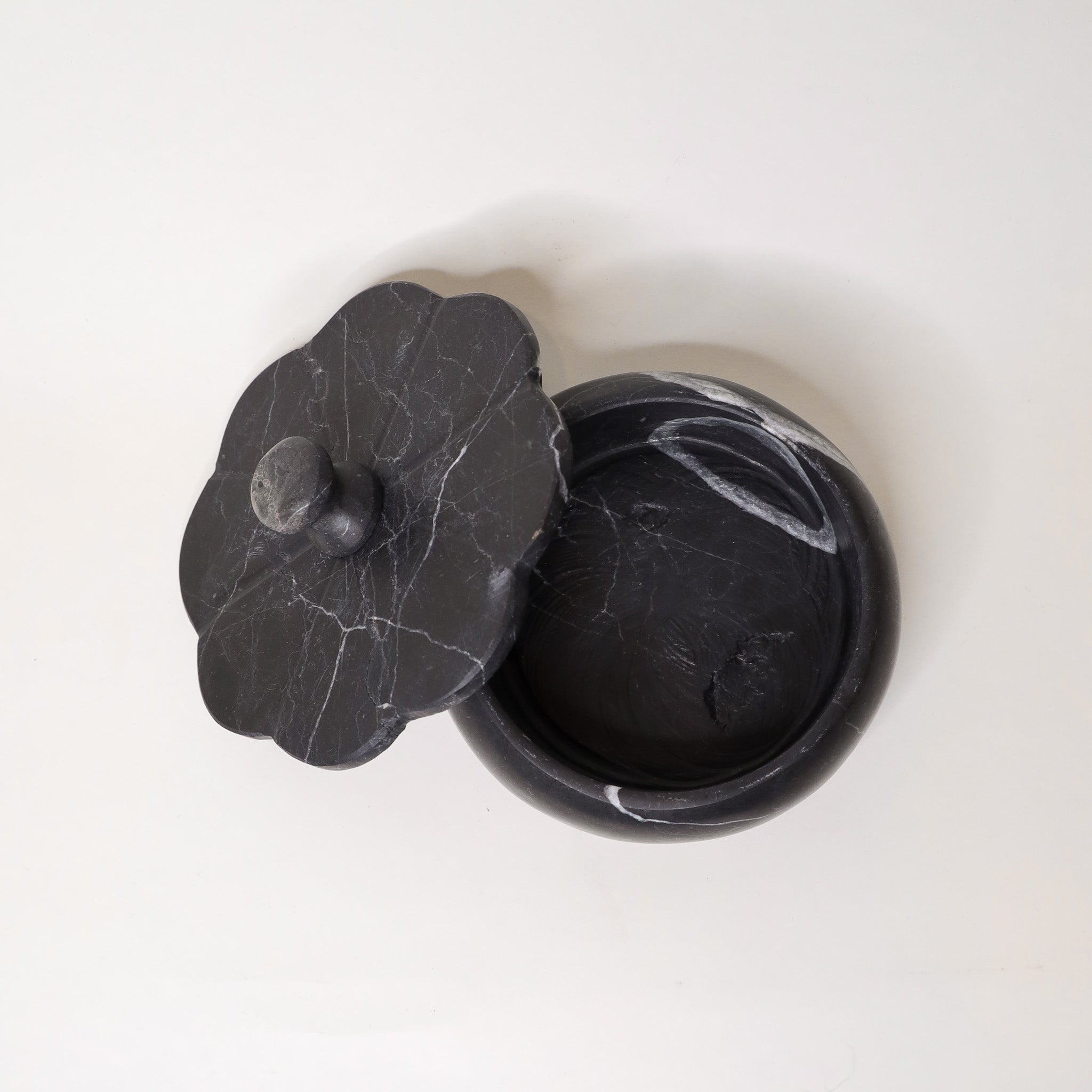 Lidded Black Marble Petal Box