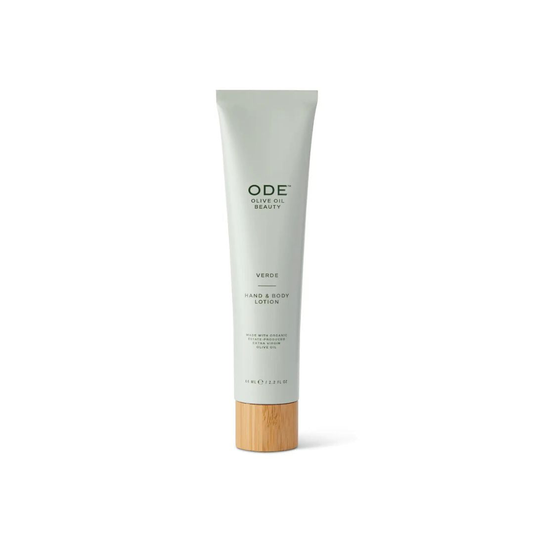 Tube of ODE Verge Hand & Body Lotion with a wooden cap on a white background